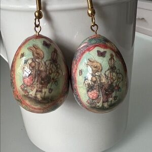 Handpainted Bunny Egg Drop Earrings in Mint and Coral